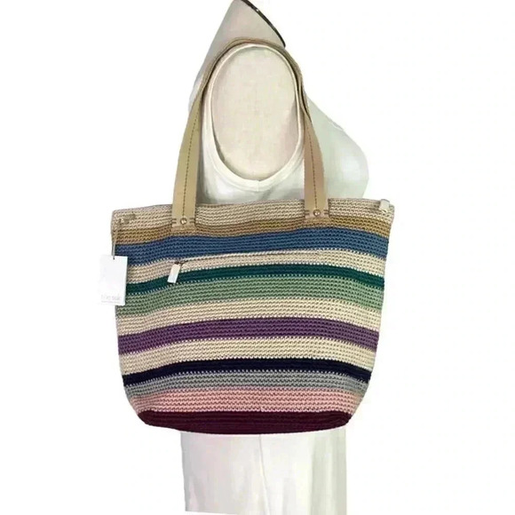 The Sak Mendocino Tote Large Multi Stripe Crochet Double Strap Zip Top Vegan NEW - Picture 1 of 14